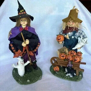 VTG Clothtique Halloween Scarecrow and Witch 13” Fabric Mache Figurines